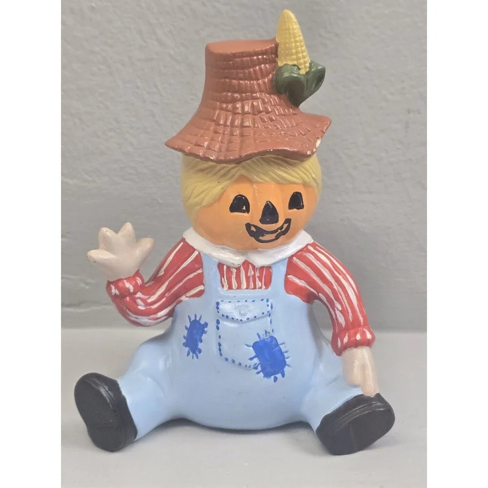 Vintage Halloween Scarecrow Figurine Pumpkin Face Ceramic Painted Mold 80s Decor